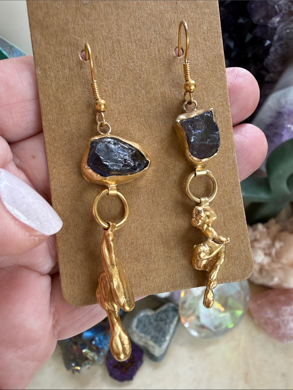 Signed Laura Amethyst Gold-Dangle Earrings